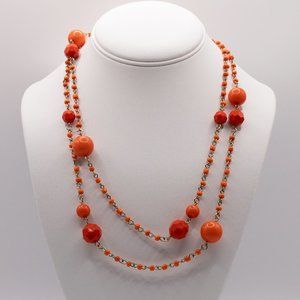 Vintage Long Orange Beaded Necklace - SIlver Tone